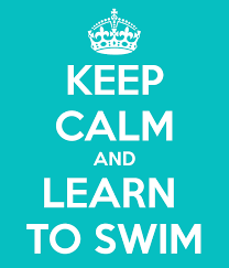 Turquoise Blue with White Lettering Meme:  Keep Calm and Learn to Swim (with a crown on top of the Meme phrase).
